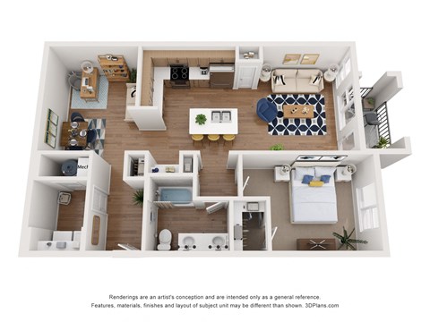 Floor plan for 1 bed, 1 bath, 958 sqft